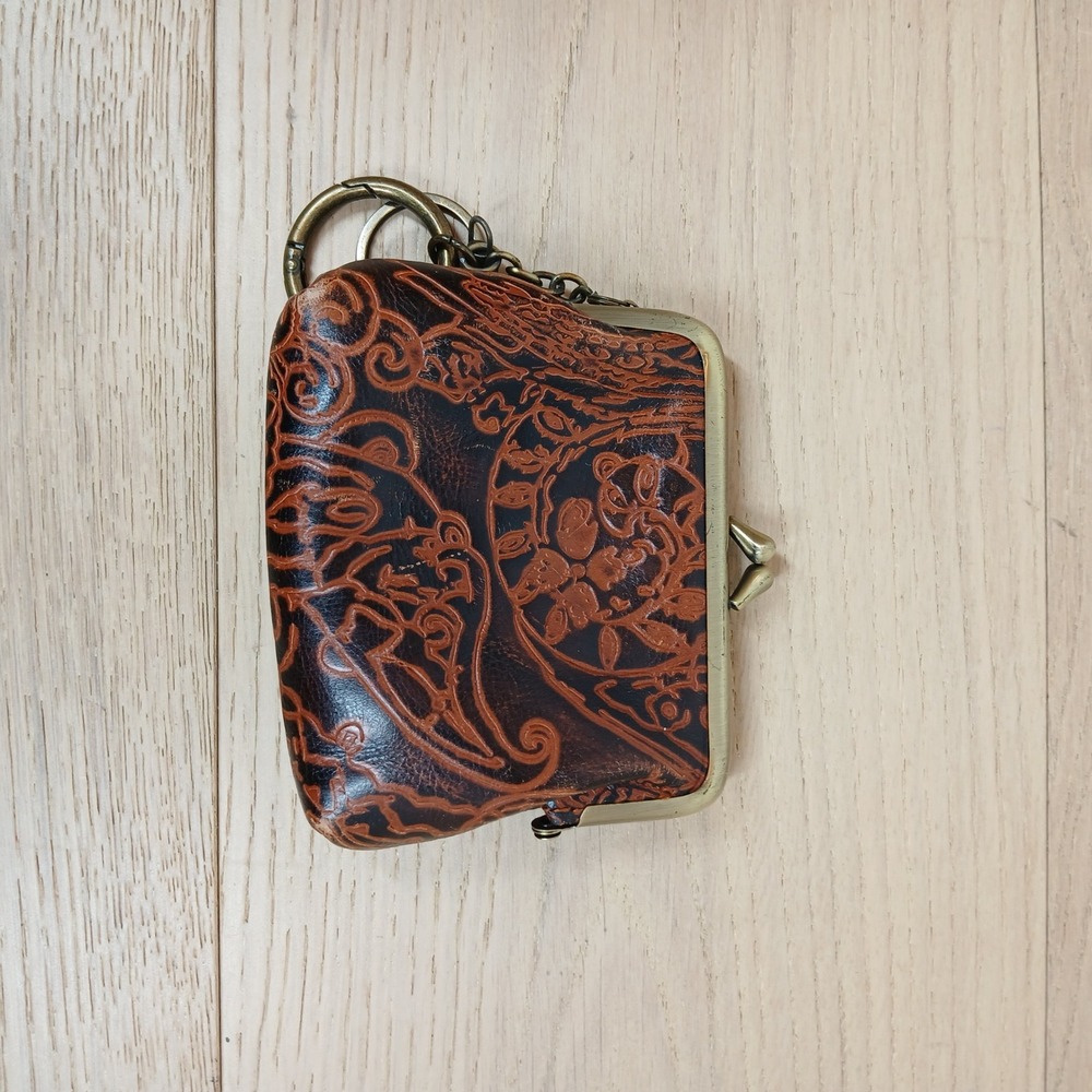 Patricia Nash Coin Purse Women Small Brown Italian Leather Embossed Paisley Kiss
